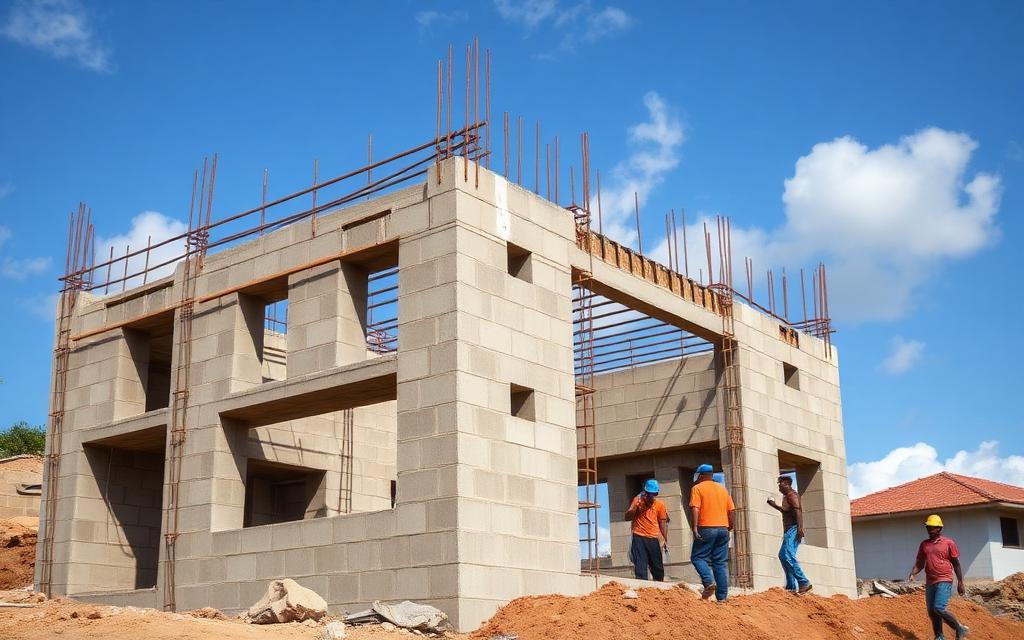 Concrete block house under construction in Jamaica with rebar and workers on site