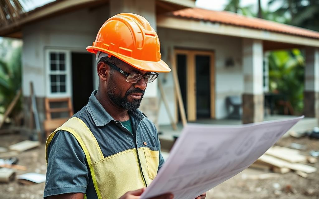 Jamaican contractor in a hard hat reviewing blueprints in front of a partially built home