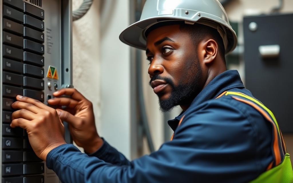 Jamaican electrician in hard hat working on a residential breaker panel