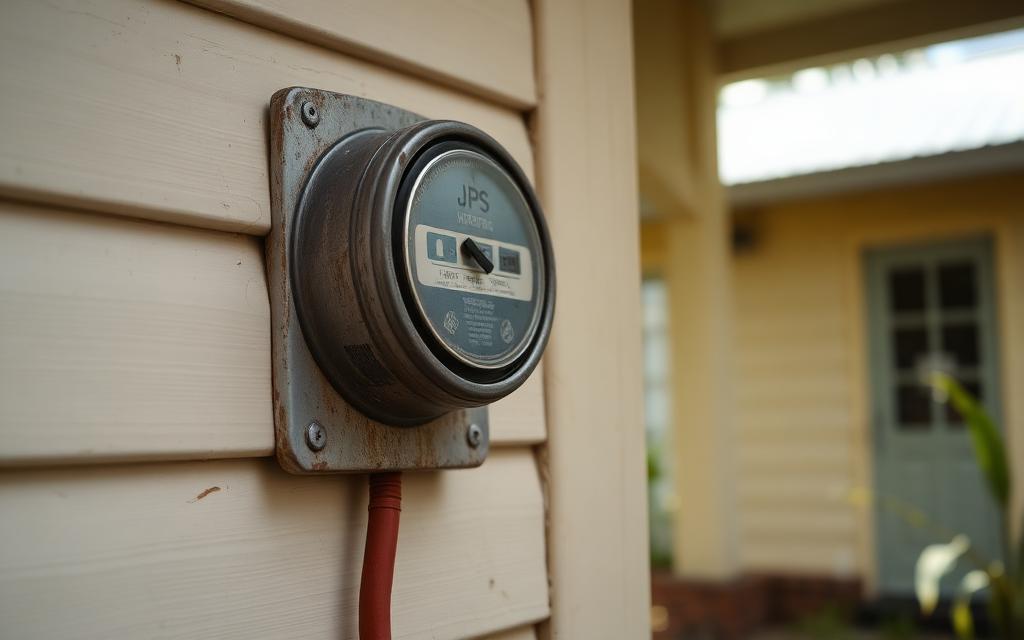 JPS electricity meter mounted on the side of a wooden Jamaican home