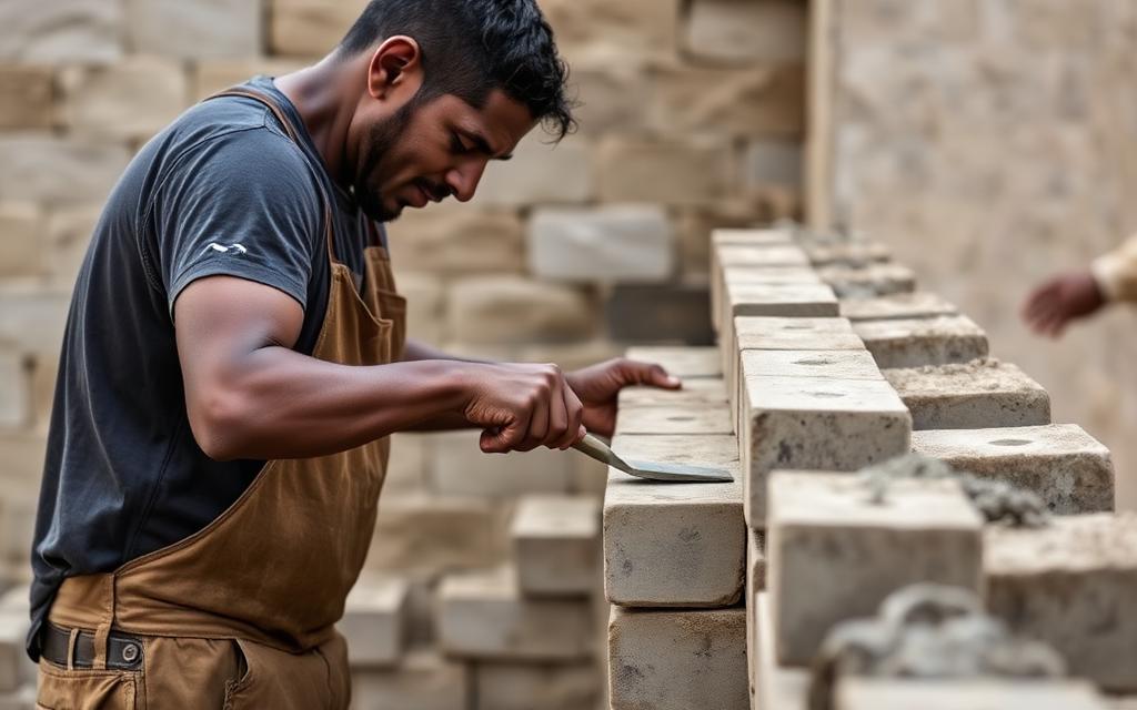 Skilled mason laying concrete blocks with mortar and a trowel on a building site
