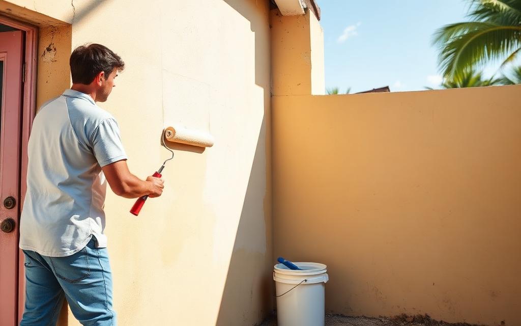 Painter rolling fresh exterior paint onto a Caribbean concrete house wall in bright sun
