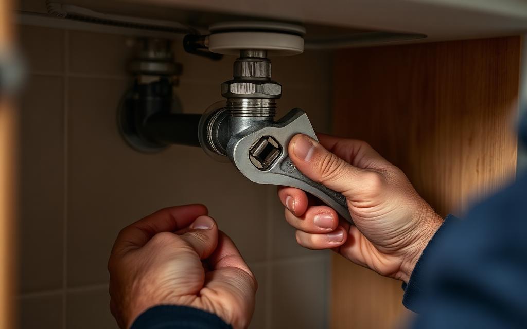 Close-up of a plumber tightening a pipe fitting under a kitchen sink with a wrench