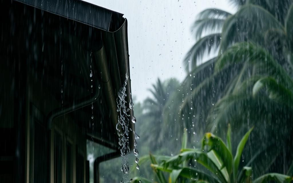 Heavy tropical rain pouring off the roof gutter of a Jamaican home with palm trees behind