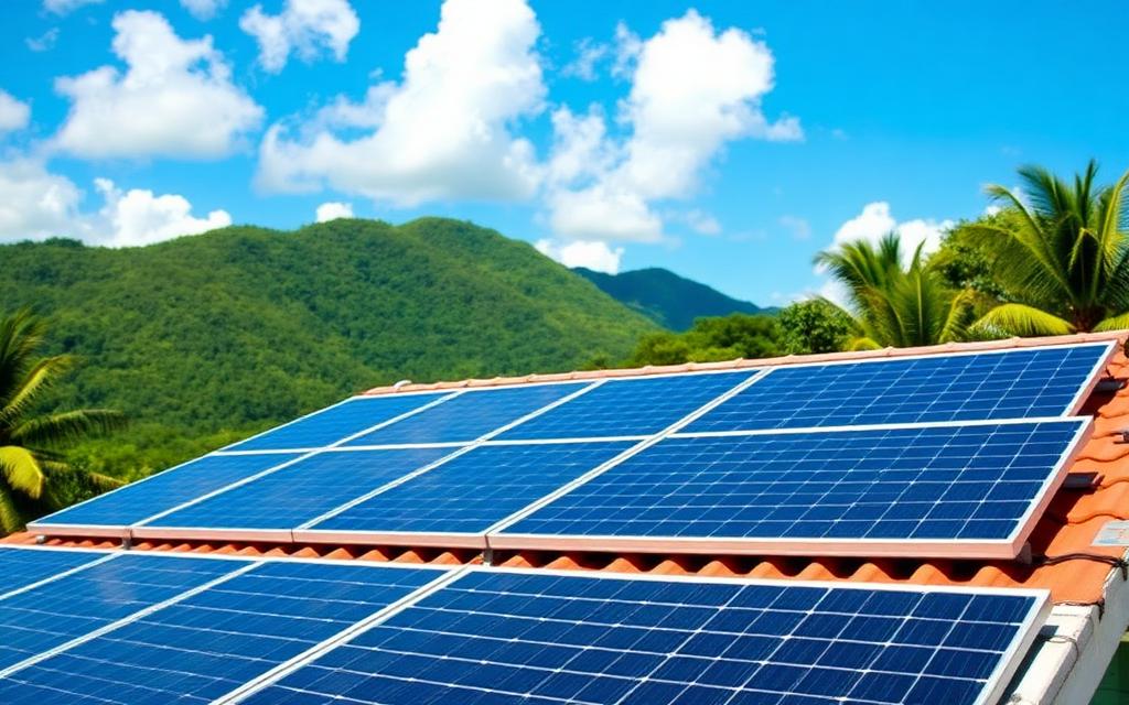 Solar PV panels installed on a tiled tropical roof with green Jamaican hills behind