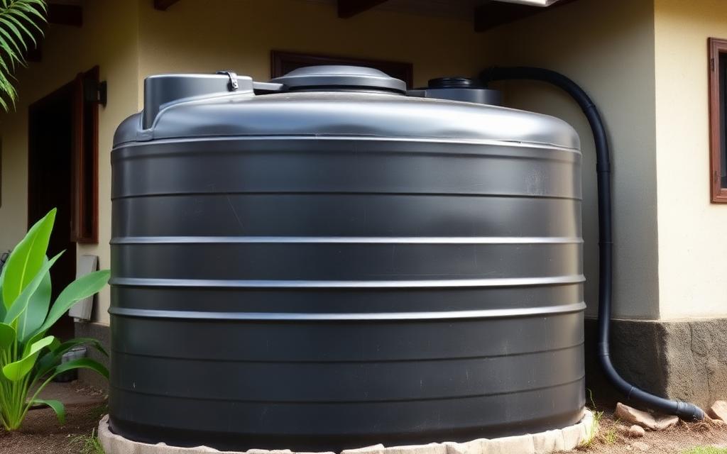 Large black plastic water storage tank installed beside a Jamaican home