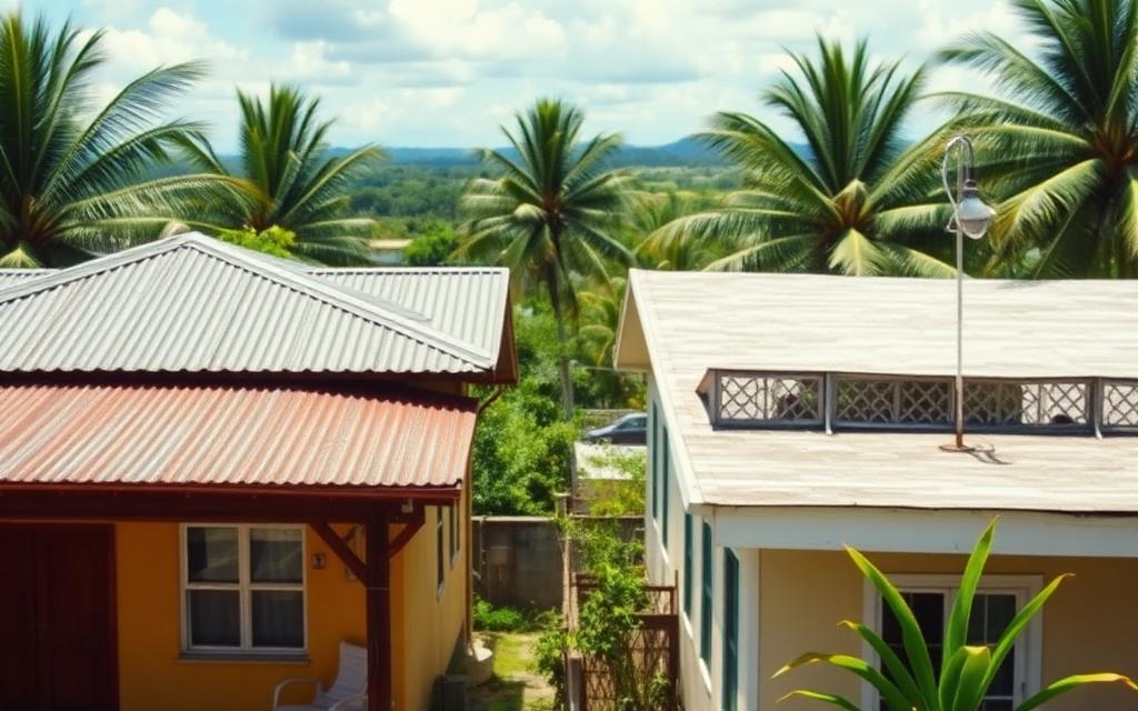 Two neighbouring Jamaican homes with a zinc roof and a concrete roof under a tropical sky